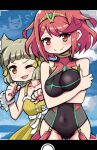  2girls animal_ears bangs black_swimsuit blunt_bangs breasts cat_ears chest_jewel competition_swimsuit dress_swimsuit highres large_breasts ma2acworks multiple_girls nia_(fancy_sundress)_(xenoblade) nia_(xenoblade) one-piece_swimsuit pyra_(pro_swimmer)_(xenoblade) pyra_(xenoblade) red_eyes red_hair red_swimsuit short_hair silver_hair swept_bangs swimsuit two-tone_swimsuit xenoblade_chronicles_(series) xenoblade_chronicles_2 yellow_eyes yellow_swimsuit 