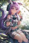  1girl animal_ears closed_mouth crepe eating food forest fruit gloves gz_(gyoju) hat highres holding holding_food holding_spoon horse_ears horse_tail long_hair looking_at_viewer mejiro_mcqueen_(umamusume) midriff nature navel purple_eyes purple_hair sitting solo spoon strawberry tail thighs umamusume white_gloves white_headwear wrist_cuffs 