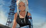  animal_ears armor boku_no_hero_academia breasts bunny_ears bunnygirl cleavage close clouds cosplay cyberpunk_2077 dark_skin jason_kim long_hair mirko necklace parody red_eyes sky techgirl white_hair 