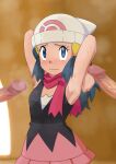  1girl 2boys absurdres armpits arms_behind_head beanie blue_eyes blue_hair blush closed_mouth commentary_request dawn_(pokemon) eyelashes hair_ornament hairclip hat hetero highres long_hair looking_up miraa_(chikurin) multiple_boys multiple_penises penis pink_scarf pink_skirt poke_ball_print pokemon pokemon_(anime) pokemon_dppt_(anime) raised_eyebrows scarf shirt skirt sleeveless sleeveless_shirt steam sweat white_headwear 