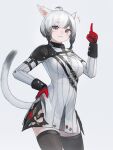  1girl :3 ahoge animal_ears black_legwear braid breasts cat cat_ears cowboy_shot eyebrows_visible_through_hair final_fantasy final_fantasy_xiv gloves grey_eyes hand_on_hip looking_at_viewer medium_breasts mihato_senba miqo&#039;te multicolored_hair red_gloves short_hair smile solo thighhighs twin_braids two-tone_hair 