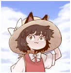  1girl :3 animal_ears blue_sky bow bowtie brown_hair cat_ears cat_girl chen cloud cloudy_sky commentary dress earrings eyebrows_visible_through_hair hat hat_bow jewelry looking_at_viewer nekomata outdoors poronegi red_dress short_hair short_sleeves single_earring sky solo sun_hat touhou white_bow 