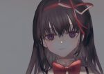  1girl akemi_homura black_hair bow bowtie commentary_request expressionless eyebrows_visible_through_hair grey_background hair_ribbon highres looking_at_viewer mahou_shoujo_madoka_magica mitakihara_school_uniform purple_eyes red_bow red_neckwear red_ribbon ribbon satou_akira_(artist) school_uniform simple_background solo tears 