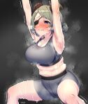  1girl armpits arms_up black_background blush breasts eyepatch green_hair grey_shorts grey_sports_bra hair_ornament hairclip highres honey_strap medium_breasts midriff navel plump sekishiro_mico shorts sports_bra squatting steam sweat sweating_profusely sweaty_clothes thighs tied_hair trembling virtual_youtuber yoshiwa_tomo 