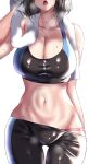  1girl absurdres bare_arms bare_shoulders black_hair black_pants blush breasts cleavage collarbone cowboy_shot dripping fary5 highres large_breasts midriff navel open_mouth original pants short_hair simple_background solo sports_bra sweat thigh_gap towel white_background zipper 