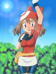  1girl arm_up bangs bike_shorts blue_eyes blush breasts brown_hair collared_shirt commentary_request cowboy_shot day eyelashes fanny_pack gloves hand_up highres hot may_(pokemon) miraa_(chikurin) open_mouth outdoors poke_ball_print pokemon pokemon_(anime) pokemon_rse_(anime) raised_eyebrows red_bandana red_shirt shirt short_sleeves skirt sky solo steaming_body sun sweat tongue white_gloves white_skirt yellow_bag 