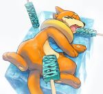  buizel closed_eyes commentary_request fang food gen_4_pokemon guodon ice lying no_humans on_side open_mouth pokemon pokemon_(creature) popsicle solo sparkle stick sweatdrop toes tongue 