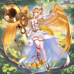  1girl angel_wings armpits artist_request bare_shoulders blonde_hair breasts cloud commentary_request day detached_sleeves double_bun dress feathered_wings flying full_body golden_wings gullinkambi hair_between_eyes high_heels holding looking_at_viewer medium_breasts navel official_art outdoors red_eyes solo thigh_strap tree valkyrie_connect wings 