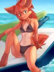  1girl :3 ahoge ancesra animal_ear_fluff animal_ears animal_nose artist_name bangs bare_shoulders barefoot bikini black_bikini blue_sky blurry blurry_background blush body_fur braid breasts brown_fur cameltoe claws collarbone commentary day english_commentary eyebrows_visible_through_hair fang feet fox_ears fox_girl fox_tail freckles furry gen_1_pokemon gradient_sky happy head_tilt highres horizon jet_ski jewelry knee_up light_blush long_hair looking_at_viewer multiple_tails navel necklace nose_blush ocean open_mouth outdoors partially_submerged patreon_username pawpads paws personification pokemon pokemon_(creature) red_fur red_hair sidelocks sitting sky small_breasts smile snout soaking_feet solo spread_legs stomach swimsuit tail tied_hair vulpix water watermark web_address wet white_fur yellow_eyes 