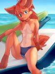  1girl :3 ahoge ancesra animal_ear_fluff animal_ears animal_nose artist_name bangs barefoot bikini bikini_bottom blue_bikini blue_eyes blue_sky blurry blurry_background blush body_fur braid breasts brown_fur claws collarbone commentary day english_commentary eyebrows_visible_through_hair fang feet fox_ears fox_girl fox_tail freckles furry gen_1_pokemon gradient_sky happy head_tilt highres horizon jet_ski jewelry knee_up light_blush long_hair looking_at_viewer multiple_tails navel necklace nipples nose_blush ocean open_mouth outdoors partially_submerged patreon_username pawpads paws personification pokemon pokemon_(creature) red_fur red_hair sidelocks sitting sky small_breasts smile snout soaking_feet solo spread_legs stomach swimsuit tail tied_hair topless vulpix water watermark web_address wet white_fur 