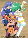  1990s_(style) 3girls arm_up asymmetrical_gloves bangs batch_(rokumon_tengai_mon_colle_knight) boots braid breasts choker clenched_hands copyright_name dress eyebrows_visible_through_hair gloves gluko goggles goggles_on_head green_eyes grin headdress hiiragi_rokuna large_breasts long_hair multiple_girls official_art one_eye_closed open_mouth purple_eyes red_eyes retro_artstyle rimless_eyewear rokumon_tengai_mon_colle_knight round_eyewear short_dress short_hair sleeveless sleeveless_dress smile thigh_boots thighhighs twin_braids twintails very_long_hair 