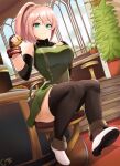  1girl absurdres bangs black_legwear blush braid breasts castell crown_braid cuffs daiba_canon dress fingerless_gloves gloves god_eater green_dress green_eyes highres large_breasts long_hair looking_at_viewer pink_hair ponytail sitting sleeveless sleeveless_dress solo swept_bangs thighhighs 