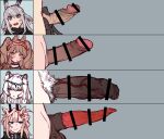  4girls :t angelina_(arknights) animal_ear_fluff animal_ears animal_penis arknights bar_censor black_gloves blue_eyes braid brown_hair censored closed_mouth comparison earthspirit_(arknights) erection extra_ears female_pubic_hair foreskin fox_ears futanari gloves goat_ears goat_girl goat_horns grey_background grey_hair hair_between_eyes hair_ornament hairband hairclip highres horns leopard_ears long_hair looking_at_viewer mirin_chikuwa multiple_girls open_mouth penis penis_chart penis_grab phimosis portrait pout pramanix_(arknights) pubic_hair rabbit_ears red_eyes savage_(arknights) simple_background sweatdrop testicles tiara twintails v-shaped_eyebrows veins veiny_penis white_hair 