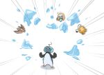  0_0 anger_vein angry bird blurry dedenne eiscue eiscue_(noice) emphasis_lines gen_4_pokemon gen_6_pokemon gen_7_pokemon gen_8_pokemon hands_up head_back ice looking_up motion_blur no_humans piku_(another_pikuru) pokemon pokemon_(creature) rowlet standing starly 