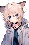  1girl ahoge animal_ears arknights bangs blue_eyes blush choker closed_mouth eyebrows_visible_through_hair fox_ears highres jacket oripathy_lesion_(arknights) platinum_blonde_hair shinogu_ao short_hair solo sussurro_(arknights) upper_body white_jacket 