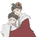  2boys ahoge alternate_costume bangs brown_eyes brown_hair collared_shirt crown danganronpa_(series) danganronpa_2:_goodbye_despair dual_persona fur_trim green_neckwear grey_background hand_on_another&#039;s_shoulder hand_up hinata_hajime ling_(rin_drkmh) looking_at_viewer male_focus multiple_boys necktie off_shoulder open_mouth red_eyes royal_robe sad shirt short_hair simple_background upper_body 