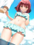  1girl :o bangs bikini black_ribbon blue_bikini blue_sky blush braid breasts cloud commentary_request day eyebrows_visible_through_hair from_below hair_ribbon hand_on_own_chest highres medium_hair muninshiki navel original outdoors parted_lips red_hair ribbon shirt_grab short_sleeves sky solo_focus stomach swimsuit wading water wet yellow_eyes 