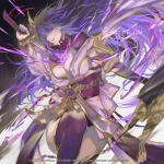  10juu 1girl bangs breasts cleavage coattails commentary english_commentary eyebrows_visible_through_hair flower genshin_impact hair_ornament holding holding_sword holding_weapon japanese_clothes katana kimono large_breasts long_hair looking_at_viewer open_mouth purple_eyes purple_flower purple_hair raiden_(genshin_impact) ribbon sash sheath solo sword tassel thighhighs twitter_username unsheathing weapon 