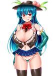 1girl aqua_gloves aqua_panties black_headwear blue_hair blue_skirt bow breasts buttons elbow_gloves fingerless_gloves food frills fruit gloves hat heart heart-shaped_pupils hinanawi_tenshi honda_takaharu large_breasts leaf long_hair microskirt midriff panties peach red_eyes revealing_clothes skirt symbol-shaped_pupils tagme thighhighs thong tongue tongue_out touhou underwear 