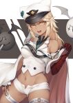  1girl bandaged_arm bandages bangs banned_artist bare_shoulders cape clover commentary_request cropped_jacket dark-skinned_female dark_skin fingerless_gloves four-leaf_clover gloves guilty_gear guilty_gear_strive hair_between_eyes hat jacket kyoeiki lucifero navel off_shoulder open_mouth peaked_cap platinum_blonde_hair ramlethal_valentine short_shorts shorts thigh_strap thighs white_gloves white_headwear white_jacket white_shorts yellow_eyes 