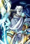  1boy abs absurdres bara bare_pectorals beard bulge facial_hair fate/grand_order fate_(series) feet_out_of_frame greek_clothes grin highres large_pectorals lightning long_hair looking_at_viewer male_focus mature_male muscular muscular_male nipples old old_man pectorals sash shrug_(clothing) smile solo stomach thick_thighs thighs very_long_hair yaosan233 zeus_(fate) 