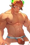  1boy abs absurdres animal_ears bara blush brown_eyes brown_hair brown_male_underwear bulge bulge_press cow_boy cow_ears cow_horns dark-skinned_male dark_skin facial_hair fiery_horns forked_eyebrows glowing_horns goatee highres horns jockstrap large_pectorals looking_at_viewer male_focus male_underwear muscular muscular_male navel navel_hair nipples pectorals print_male_underwear pubic_hair pubic_hair_peek sekiko_(akatora3373a) skindentation solo spiked_hair stomach sweatdrop thick_eyebrows thick_thighs thighs tokyo_houkago_summoners underwear underwear_only wakan_tanka 