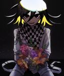  1boy absurdres artist_logo artist_name bangs black_background black_hair black_scarf blonde_hair blue_flower bouquet chain checkered checkered_neckwear checkered_scarf commentary cowboy_shot danganronpa_(series) danganronpa_v3:_killing_harmony eyebrows_visible_through_hair flower grey_jacket grey_pants hair_between_eyes highres holding holding_flower jacket light long_sleeves looking_at_viewer male_focus multicolored_hair open_mouth orange_flower ouma_kokichi pants pastahands pink_flower red_flower scarf shiny shiny_hair sitting smile solo two-tone_hair white_jacket white_scarf 