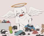  1boy :d absurdres angel angel_wings avogado6 broken colored_skin commentary_request feathered_wings grey_background highres open_mouth original playing simple_background smile solo spread_wings toy toy_car white_hair white_skin white_wings wings 