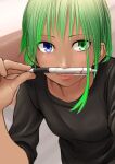  1girl absurdres black_shirt blue_eyes blush closed_mouth dark-skinned_female dark_skin green_eyes green_hair heterochromia highres holding holding_pen kirie_kairi looking_at_viewer original pen pencil_mustache shirt smile solo upper_body 