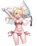  1girl ahoge arm_up bangs bead_bracelet beads bikini blonde_hair blush bracelet breasts chirang cropped_legs eyebrows_visible_through_hair fate/grand_order fate_(series) flag floating_hair green_eyes halterneck holding holding_flag jewelry large_breasts navel nero_claudius_(fate)_(all) nero_claudius_(swimsuit_caster)_(fate) one_eye_closed open_mouth side-tie_bikini simple_background solo swimsuit twintails upper_body v-shaped_eyebrows white_background 
