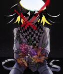  1boy absurdres artist_logo artist_name bangs black_background black_hair black_scarf blonde_hair blood blue_flower bouquet chain checkered checkered_neckwear checkered_scarf commentary cowboy_shot cross danganronpa_(series) danganronpa_v3:_killing_harmony eyebrows_visible_through_hair flower grey_jacket grey_pants hair_between_eyes highres holding holding_flower jacket light long_sleeves looking_at_viewer male_focus multicolored_hair open_mouth orange_flower pants pastahands pink_flower red_flower scarf shiny shiny_hair sitting smile solo two-tone_hair white_jacket white_scarf 