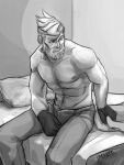  1boy abs artist_name beard bed black_gloves facial_hair ganto_kaiji glasses gloves greyscale gyakuten_saiban indoors looking_to_the_side monochrome nipples on_bed pants pectorals pillow shirtless tanken_(outofcheeserror) toned toned_male white_hair 