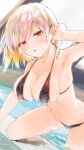  1girl bangs bare_shoulders bikini black_bikini blush breasts cleavage collarbone commentary_request highres large_breasts looking_at_viewer navel open_mouth original red_eyes short_hair silver_hair solo swimsuit thighs tomozero 