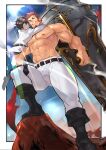  2boys abs bara belt black_footwear blue_eyes boots brown_belt brown_hair bulge cannon carrying chaldea_uniform facial_hair fate/grand_order fate_(series) from_below fujimaru_ritsuka_(male) full_body goatee highres holding holding_weapon huge_weapon knee_boots large_pectorals long_sideburns looking_at_viewer male_focus mature_male multiple_boys muscular muscular_male napoleon_bonaparte_(fate) navel nipples no_scar o_o one_eye_closed pants pectorals raised_eyebrow shirtless short_hair sideburns smirk smug stomach thick_thighs thighs tight tight_pants tofu_(tofulabo) weapon white_pants 