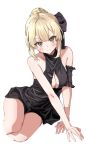  1girl arm_strap arm_support artoria_pendragon_(all) artoria_pendragon_(alter_swimsuit_rider)_(fate) bangs bare_shoulders black_ribbon blonde_hair blush braid breasts chirang cleavage cleavage_cutout clothing_cutout cropped_legs fate/grand_order fate_(series) frills frown hair_bun hair_ribbon looking_at_viewer medium_breasts one-piece_swimsuit ribbon saber_alter sidelocks simple_background sitting solo swimsuit v-shaped_eyebrows white_background 