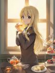  1girl :o bangs blazer blonde_hair blue_eyes blue_jacket blue_neckwear cake cake_slice cake_stand cherry chiffon_cake collared_shirt cup eso_(toory) food fork from_side fruit hand_on_own_chest highres holding holding_cup indoors jacket k-on! knife kotobuki_tsumugi long_hair long_sleeves looking_at_viewer macaron napkin neck_ribbon plate ribbon sakuragaoka_high_school_uniform school_uniform shirt snack solo straight_hair strawberry sunlight swiss_roll teacup teapot thick_eyebrows white_shirt window 