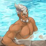  1boy artist_name beard dark-skinned_male dark_skin facial_hair ganto_kaiji grey_hair gyakuten_saiban looking_at_viewer male_focus multicolored_hair nipples parted_lips pectorals solo swimming tanken_(outofcheeserror) toned toned_male two-tone_hair water white_hair 