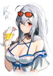  1girl 70zyomin7 absurdres ahoge arknights bangs bare_shoulders blush breasts cleavage cloud commentary cup eyebrows_visible_through_hair eyewear_on_head glass hair_between_eyes hand_up highres holding holding_cup juice large_breasts long_hair looking_at_viewer no_hat no_headwear off-shoulder_shirt off_shoulder red_eyes shirt short_sleeves silver_hair simple_background skadi_(arknights) skadi_(waverider)_(arknights) solo sunglasses upper_body white_background white_shirt 