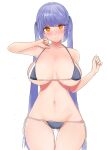  1girl ass_visible_through_thighs azur_lane bangs bikini blue_bikini blue_hair blush breasts essex_(azur_lane) highres large_breasts micro_bikini navel netto_inutaro orange_eyes side-tie_bikini solo swimsuit thick_thighs thigh_gap thighs twintails underboob undersized_clothes 