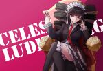  1girl artist_logo artist_name bangs black_hair black_jacket black_legwear black_nails blunt_bangs bonnet breasts card celestia_ludenberg center_frills character_name commentary danganronpa:_trigger_happy_havoc danganronpa_(series) drill_hair earrings feet_out_of_frame frilled_legwear frills gothic_lolita hands_up highres holding holding_card jacket jewelry layered_skirt lolita_fashion long_hair long_sleeves looking_at_viewer medium_breasts nail_polish necktie pastahands pink_background playing_card print_neckwear red_eyes red_neckwear shirt skirt solo thighhighs twin_drills twintails 