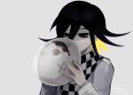  1boy alternate_hair_color bangs black_eyes black_hair blonde_hair checkered checkered_scarf danganronpa_(series) danganronpa_v3:_killing_harmony grey_background grey_jacket hair_between_eyes hands_up highres holding holding_mask jacket long_sleeves male_focus mask multicolored_hair ouma_kokichi pastahands scarf short_hair simple_background solo symbol_commentary two-tone_hair upper_body 