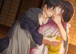  1boy 1girl animal_print black_hair blush brown_hair butterfly_print closed_eyes couple glasses grey_kimono hand_up hetero hug indoors izumi_(stardustalone) japanese_clothes kimono looking_at_another male_cleavage obi open_mouth renri_no_chigiri_wo_kimi_to_shiru sash sitting 