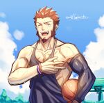  1boy alternate_costume bara basketball black_tank_top blue_eyes blush brown_hair clothes_pull cloud cloudy_sky day facial_hair fate/grand_order fate_(series) goatee highres long_sideburns looking_at_viewer male_cleavage male_focus mature_male muscular muscular_male napoleon_bonaparte_(fate) nipples pectorals pulled_by_self scar scar_on_chest shirt_pull short_hair sideburns sidepec sky smile solo sweat tank_top toned toned_male upper_body yaosan233 