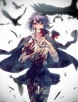  1girl absurdres alice_(sinoalice) bad_id bad_twitter_id bird black_legwear blood blood_on_face blood_splatter bloody_clothes blue_hair character_name collared_shirt crow english_text feathers flower highres holding holding_flower jacket looking_at_viewer npyon3 open_clothes open_jacket red_eyes school_uniform shirt simple_background sinoalice thighhighs torn_clothes torn_legwear zettai_ryouiki 