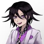  1boy :d artist_logo artist_name bangs black_hair checkered checkered_neckwear checkered_scarf collared_shirt commentary danganronpa_(series) danganronpa_10th_anniversary_costume danganronpa_v3:_killing_harmony hair_between_eyes highres jacket looking_at_viewer male_focus necktie open_mouth ouma_kokichi pastahands pink_shirt purple_eyes scarf shirt simple_background smile solo spiked_hair teeth upper_body white_jacket 