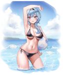  1girl arm_over_head arm_up armpits ball bangs bare_arms bare_shoulders beachball bikini black_bikini black_hairband blue_hair blush breasts brown_eyes chirang commentary cowboy_shot eula_(genshin_impact) eyebrows_visible_through_hair genshin_impact hairband halter_top halterneck hand_on_hip highres large_breasts long_hair looking_at_viewer navel ocean parted_lips side-tie_bikini solo standing stomach string_bikini swimsuit wading water wet 