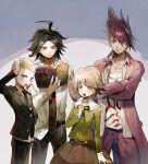  4boys :d ahoge aoki_(fumomo) arm_at_side arm_up bangs black_hair black_jacket black_neckwear blonde_hair blush_stickers book brown_hair brown_skirt collarbone commentary_request cowboy_shot crossed_arms danganronpa/zero danganronpa:_trigger_happy_havoc danganronpa_(series) danganronpa_2:_goodbye_despair danganronpa_v3:_killing_harmony eyebrows_visible_through_hair facial_hair fujisaki_chihiro goatee gradient gradient_background green_jacket green_ribbon grey_background hair_up hand_on_own_head happy holding holding_book jacket kuzuryuu_fuyuhiko long_sleeves looking_at_viewer matsuda_yasuke momota_kaito multiple_boys neck_ribbon necktie open_mouth otoko_no_ko pants pink_jacket pink_pants pleated_skirt print_shirt reading ribbon shiny shiny_hair shirt shirt_half_tucked_in short_hair skirt smile space_print spiked_hair starry_sky_print striped_jacket very_short_hair 