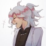  1boy :d alternate_hairstyle artist_logo artist_name bangs black_bow blush bow bowtie brown_jacket closed_eyes collared_shirt commentary danganronpa_(series) danganronpa_10th_anniversary_costume danganronpa_2:_goodbye_despair grey_hair grey_jacket jacket komaeda_nagito male_focus multicolored_hair official_alternate_costume open_mouth pastahands profile red_hair shirt short_ponytail smile solo two-tone_hair upper_body white_bow 