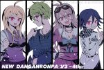  108_(toowa) 2boys 2girls :d ahoge akamatsu_kaede alternate_eye_color amami_rantarou antenna_hair backpack bag bangs barbed_wire black_border black_choker black_gloves blonde_hair blue_eyes border bow bracelet breasts checkered checkered_scarf choker cleavage clenched_hands collarbone collared_shirt commentary_request copyright_name cowboy_shot danganronpa_(series) danganronpa_v3:_killing_harmony ear_piercing fingerless_gloves gloves goggles goggles_on_head green_eyes green_hair hair_between_eyes hair_ornament hand_on_hip hands_up highres index_finger_raised iruma_miu jacket jewelry large_breasts long_hair long_sleeves looking_at_viewer looking_back multiple_boys multiple_girls musical_note musical_note_hair_ornament necklace necktie o-ring open_mouth ouma_kokichi piercing pink_eyes pink_vest pleated_skirt profile purple_eyes purple_hair red_eyes ring sailor_collar scarf school_uniform serafuku shirt short_hair simple_background skirt smile straitjacket striped striped_shirt sweater_vest vest watermark 