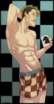  arm_up artist_name blonde_hair boxers checkered checkered_background cup gyakuten_kenji gyakuten_kenji_2 gyakuten_saiban male_underwear mohawk mug multicolored_hair naitou_manosuke navel nipples shirtless standing tanken_(outofcheeserror) toned toned_male two-tone_hair underwear 